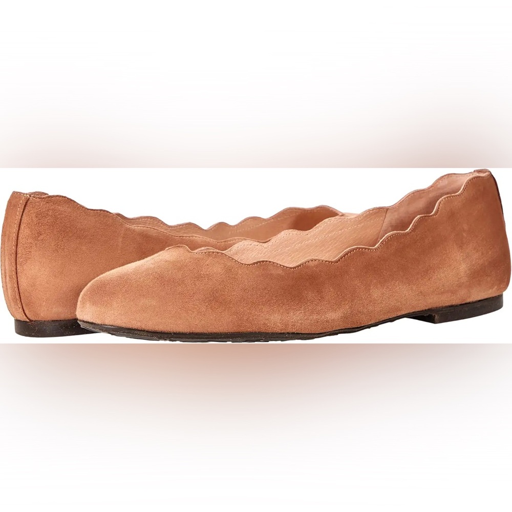 French Sole Jigsaw Scalloped Suede Ballet Flats - Tan
